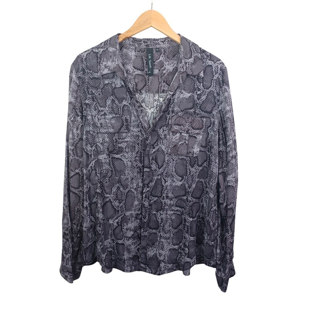 Lilli Sucre Women's Animal Print Button Up Blouse Size XL Gray Black Snakeskin